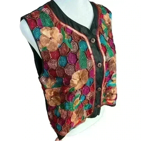 Vintage Carole Little boxy boho embroidered sequined beaded boxy silk vest - Picture 1 of 14
